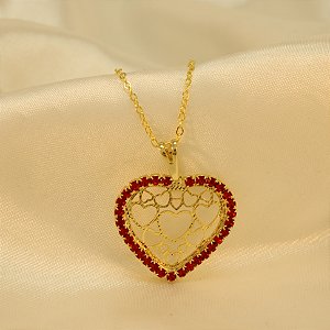 Gargantilha de Coração com Zircônia Rubi Folheado a Ouro 18k