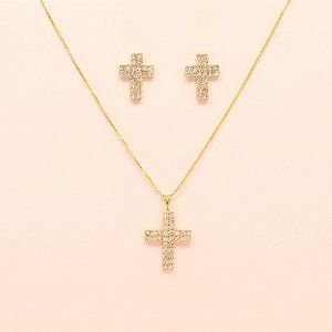 Conjunto de Cruz com Zircônia Folheado a Ouro 18k