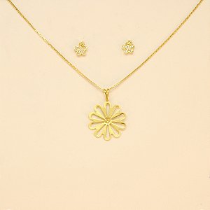 Conjunto de Flor com Zircônia Cristal Folheado a Ouro 18k