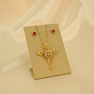 Conjunto Sagrado Coração com Zircônia Folheado a Ouro 18k