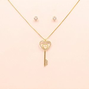 Conjunto Coração e Chave Folheado a Ouro 18k