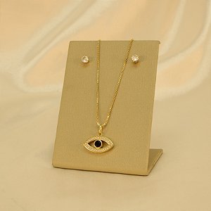 Conjunto Olho Grego Cravejado em Zircônia Banhado a Ouro 18k
