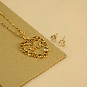 Conjunto de Corações Escrito Amor Banhado a Ouro 18k