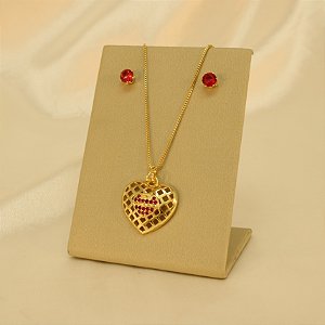Conjunto de Coração com Zircônia Rubi Banhado a Ouro 18k