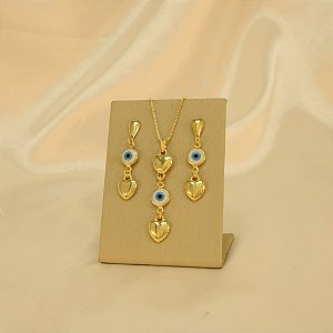 Conjunto de Coração com Olho Grego Banhado a Ouro 18k
