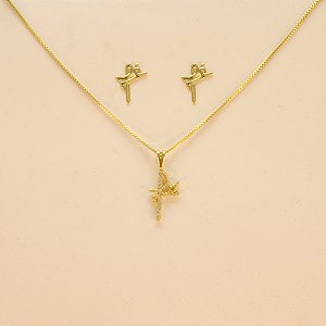Conjunto Escrito Fé com Zircônia Folheado a Ouro 18k