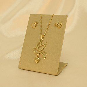 Conjunto Espírito Santo com Coração Folheado a Ouro 18k