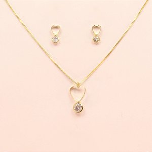 Conjunto de Coração Vazado com Zircônia Folheado a Ouro 18k