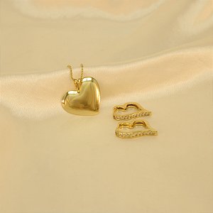 Conjunto de Coração Polido e Argola Folheado a Ouro 18k