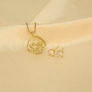 Conjunto Carinha de Cachorro com Zircônia Banhado a Ouro 18k