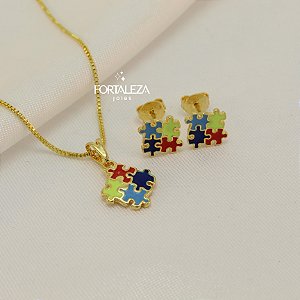 Conjunto Símbolo do Autismo Banhado a Ouro 18k