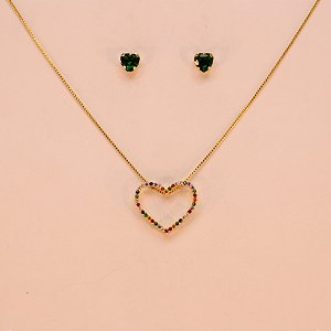 Conjunto de Coração Cravejado Folheado a Ouro 18k