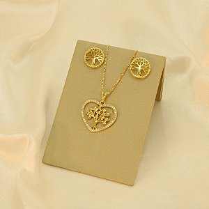 Conjunto de Coração e Árvore da Vida Folheado a Ouro 18k