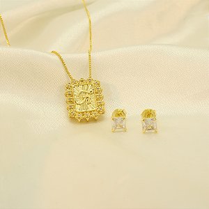 Conjunto Trabalhado Escrito Fé Banhado a Ouro 18k