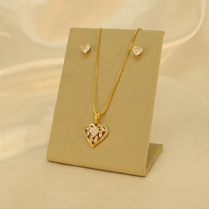 Conjunto de Coração Cravejado em Zircônia Banhado a Ouro 18k