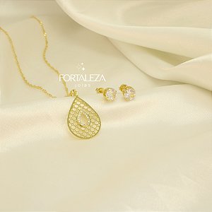 Conjunto Gota com Detalhes em Zircônia Banhado a Ouro 18k