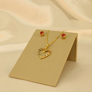 Conjunto Coração Vazado com Zircônias Banhado a Ouro 18k