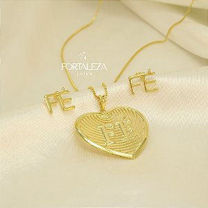 Conjunto de Coração Escrito Fé Banhado a Ouro 18k