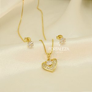 Conjunto de Coração Cravejado Banhado a Ouro 18k