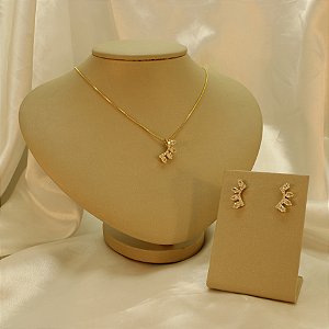 Conjunto Trabalhado em Zircônia Folheado a Ouro 18k