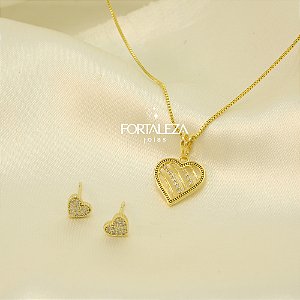 Conjunto Coração com Zircônia Cravejada Banhado a Ouro 18k