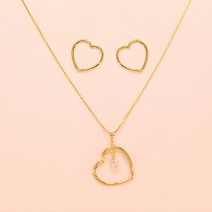 Conjunto Coração Vazado com Zircônia Folheado a Ouro 18k