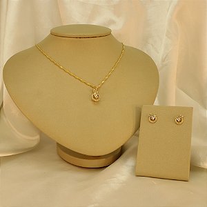 Conjunto Trabalhado em Zircônias Cristal Banhado a Ouro 18k