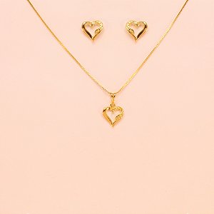 Conjunto Coração Vazado com Detalhe Folheado a Ouro 18k
