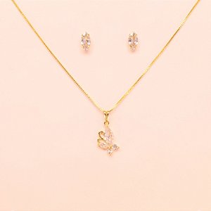 Conjunto Borboleta em Zircônia Cristal Folheado a Ouro 18k