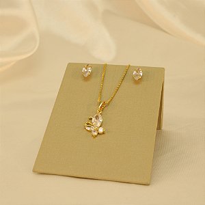 Conjunto Borboleta em Zircônia Cristal Folheado a Ouro 18k