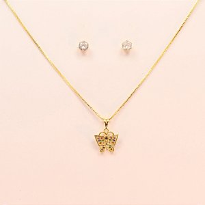 Conjunto de Borboleta em Zircônias Folheado a Ouro 18k