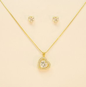 Conjunto Coração Cravejado em Zircônia Folheado a Ouro 18k