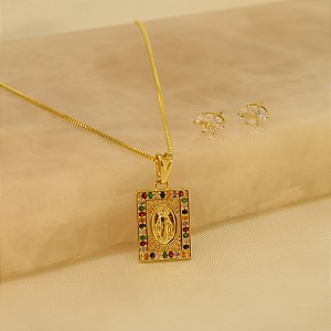 Conjunto Nossa Senhora das Graças Folheado a Ouro 18k