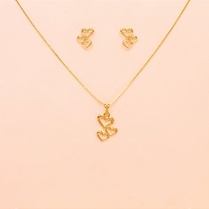 Conjunto Corações Vazados Folheado a Ouro 18k