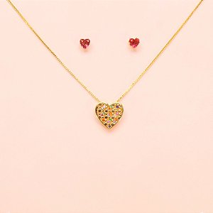 Conjunto Coração com Detalhe em Zircônia Folheado a Ouro 18k
