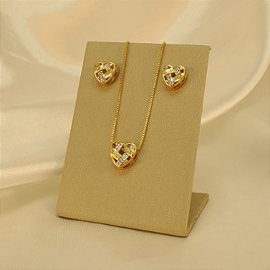 Conjunto Design de Coração Folheado a Ródio e Ouro 18k