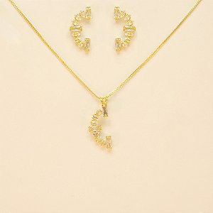 Conjunto com Zircônias Cristal Folheado a Ouro 18k