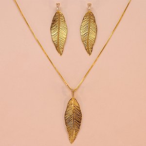 Conjunto com Design de Folha e Zircônia Folheado a Ouro 18k