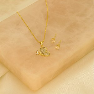 Conjunto de Borboleta Cravejado Folheado a Ouro 18k