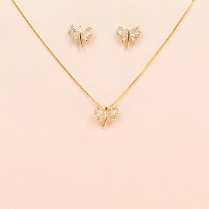 Conjunto Libélula em Zircônia Folheado a Ouro 18k