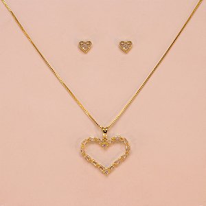 Conjunto Coração Vazado em Zircônia Folheado a Ouro 18k