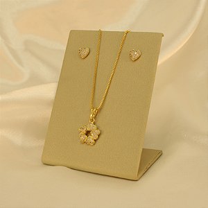 Conjunto Corações Cravejados em Zircônia Folheado a Ouro 18k