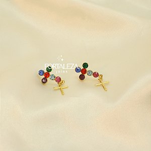 Brinco com Design de Cruz com Zircônias Banhado a Ouro 18k