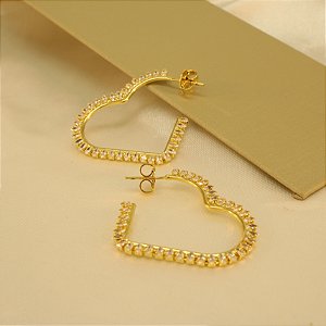 Brinco Argola de Coração Cravejado Banhado a Ouro 18k