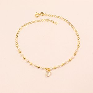 Tornozeleira de Pérola e Bolinha Folheado a Ouro 18k