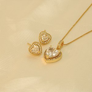 Conjunto de Coração em Zircônia Folheado a Ouro 18k