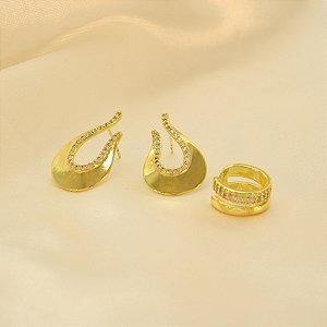 Brinco Gota Kit Cravejado Folheado a Ouro 18k