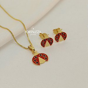 Conjunto de Joaninha Resinado Banhado a Ouro 18k