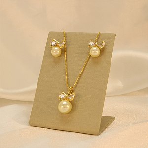 Conjunto de Laço com Pérola e Zircônia Banhado a Ouro 18k