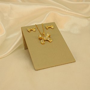Conjunto Laço com Pingente em Zircônia Folheado a Ouro 18k